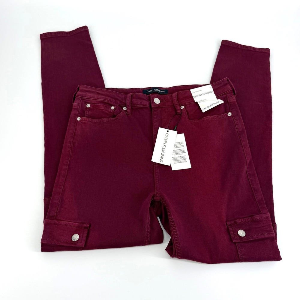 Calvin Klein Jeans Cargo Pants Womens 30 Burgundy New High Rise Skinny Stretch